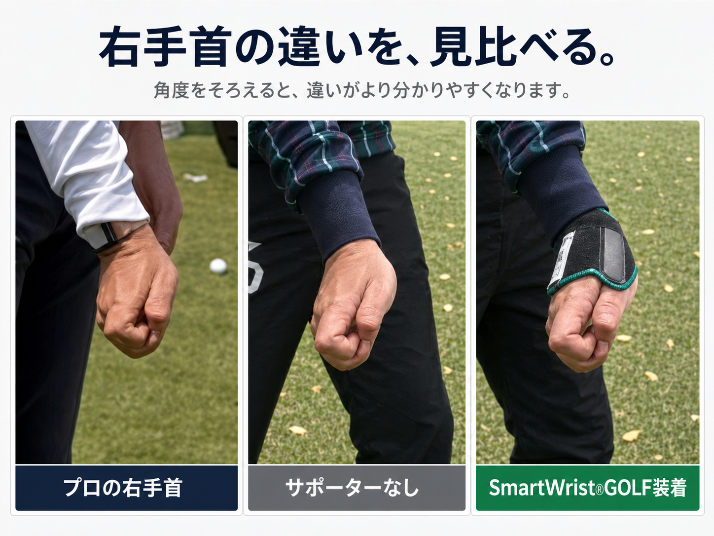 ローリー・マキロイの右手首、サポーターなし、SmartWrist®GOLF装着時の比較画像